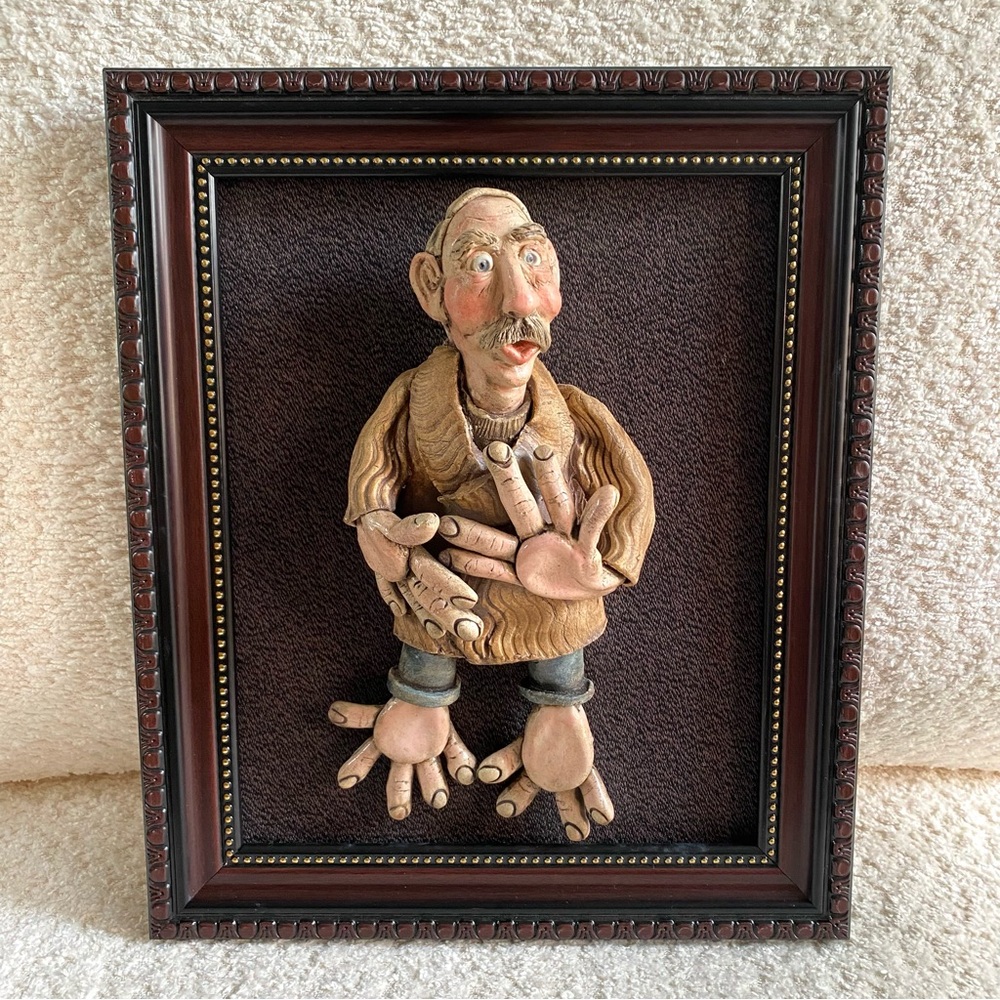 Judy A. Hensley Clayworks Framed Original 3D Clay Pottery Happy Curmudgeons